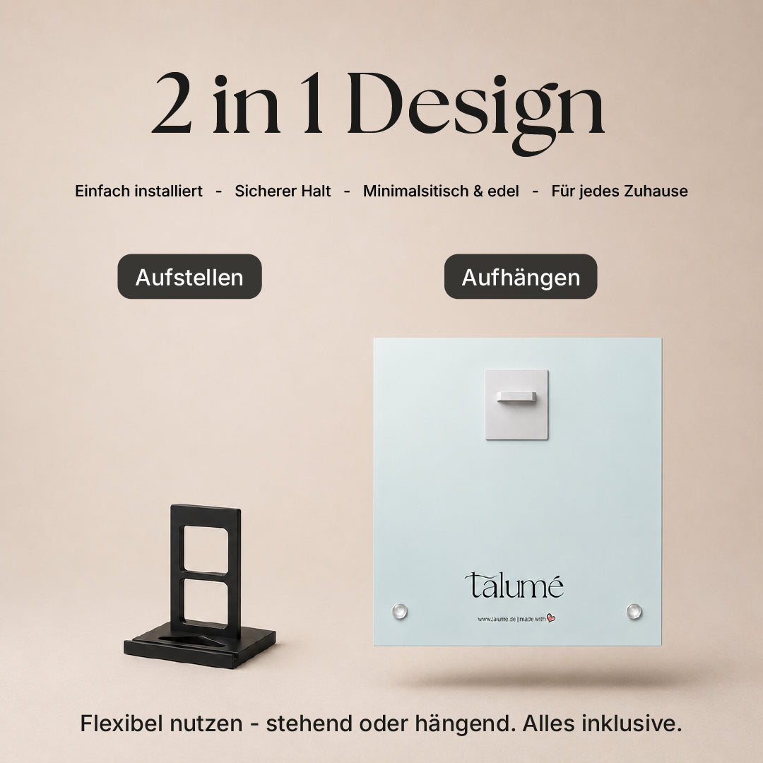 Grafik die Darstellt, dass man jedes Bild von talumé mit dem inkludierten Aufsteller und Aufhänger sowohl hinstellen, als auch hinhängen kann. Text: EInfach installiert - Sicherer Halt - Minimalistisch & edel - Für jedes Zuhause. Flexibel nutzen - stehend und hängend. Alles inklusive.
